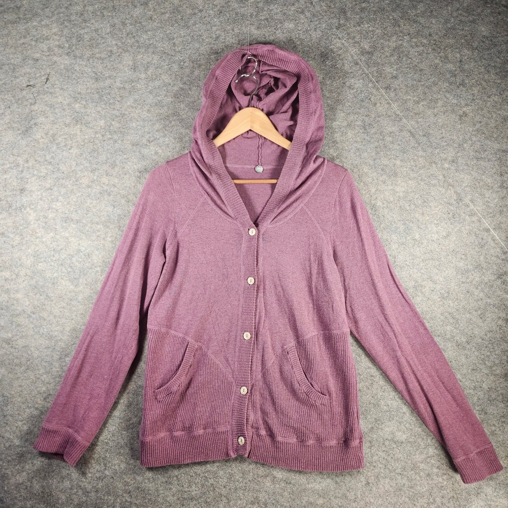Margaret O'Leary Mauve Purple Cotton Knit Hooded Button Front Cardigan Sweater